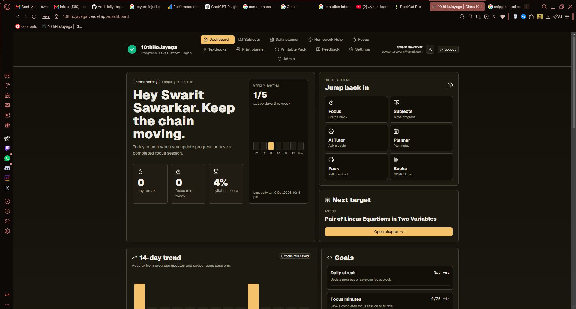 10thHoJayega dark-mode dashboard showing study progress, weekly rhythm, quick actions and the next target.