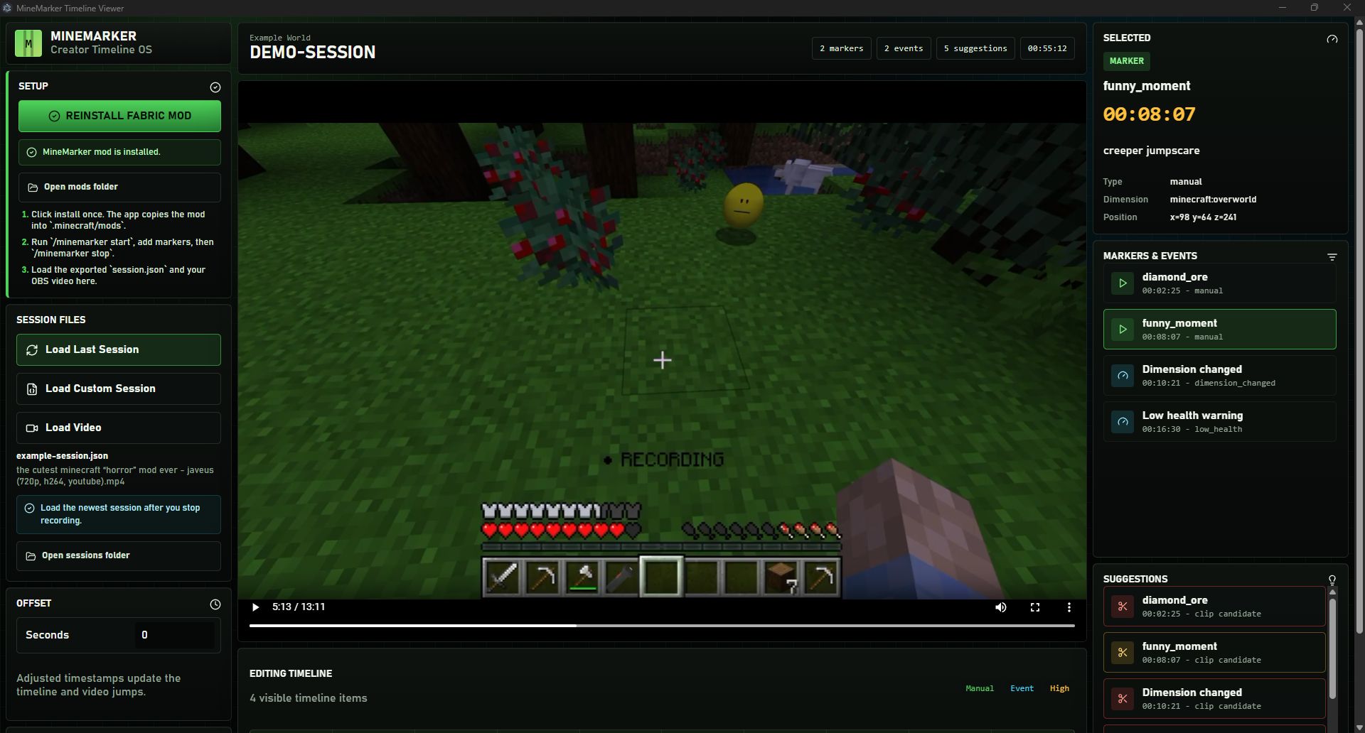 PixelCut Pro timeline viewer with a Minecraft video, session controls, captured markers and clip suggestions.